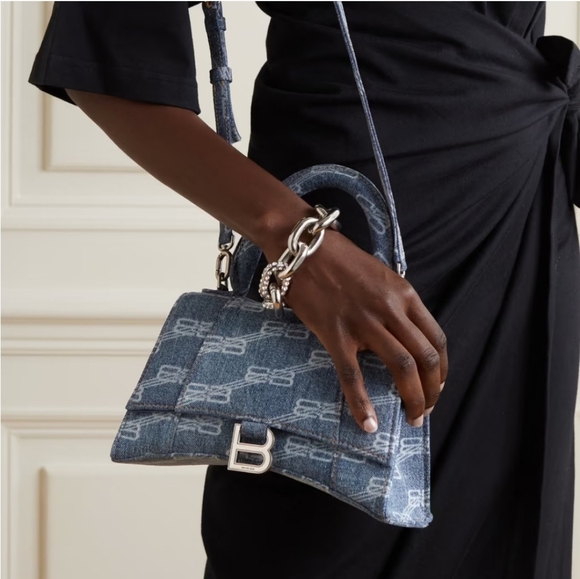 Balenciaga Handbags - BALENCIAGA Hourglass BB Monogram Bleached Denim Small Bag Purse Top Handle